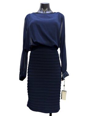 NWT Adrianna Papell Navy Long Sleeve Blouson Bodice Dress 8